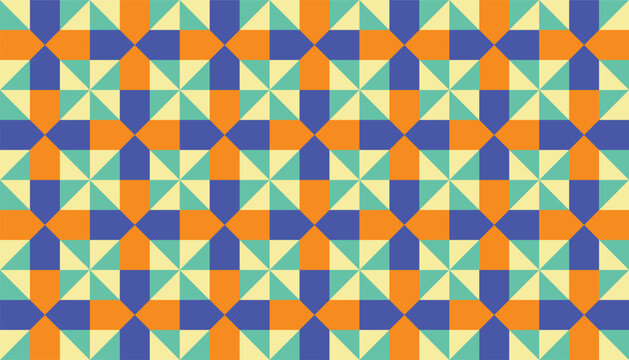 Seamless geometric pattern with colorful patchwork style, abstract repeating background with triangles and squares, modern Moroccan tile inspired vector illustration.