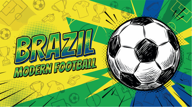 Brazil modern football comic style banner, soccer ball vector illustration, yellow and green sports background with championship icons isolated PNG with Transparent Background
