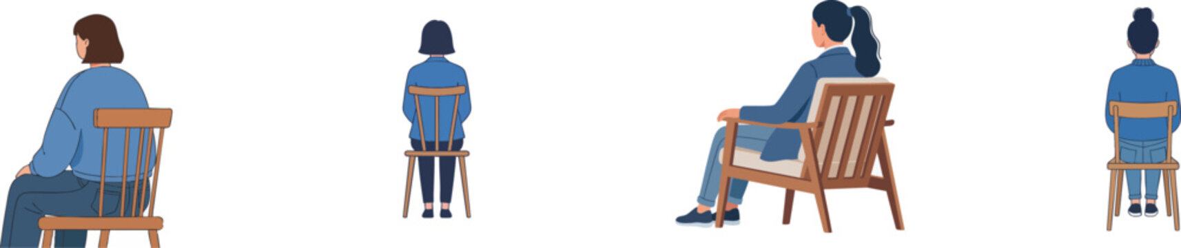 Woman Sitting on Chair with Her Back Vector Illustration, vector set isolated on white