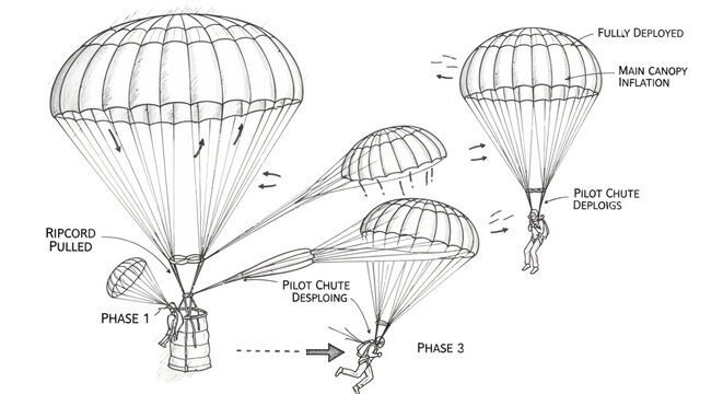 Technical illustration showing the sequential deployment of a parachute system, detailing pilot chute release and main canopy inflation for safe aerial operations
