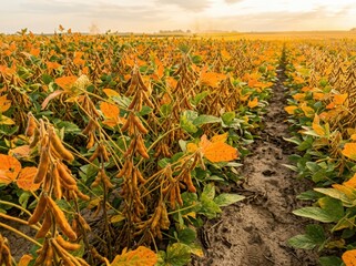 Obraz premium Mature soybean plants with full pods standing in golden field rows for agricultural marketing, food production industry and sustainable farming export campaign