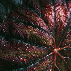Obraz premium Extreme close-up of a burgundy tropical leaf with water droplets for luxury botanical branding, atmospheric product backdrops and moody nature wallpaper