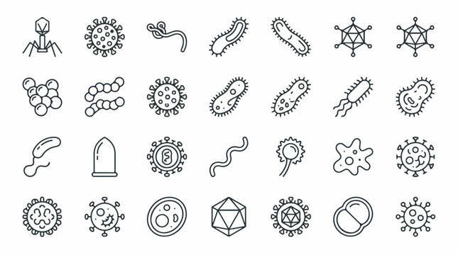 Microbiology bacteria and virus line icons, 28 medical pathogen vector elements, scientific microorganism and germ cell collection for healthcare isolated PNG with Transparent Background