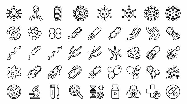 Microbiology line icons set, bacteria and virus vector symbols, medical laboratory research elements for healthcare and science education isolated PNG with Transparent Background
