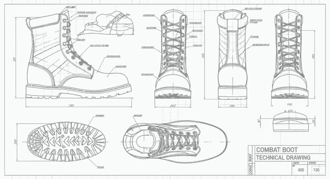 Detailed technical illustration showcasing the engineering and design of a combat boot with multiple orthographic views and measurements