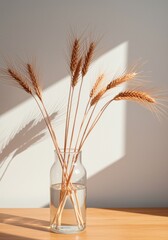 Obraz premium Dried stalks of wheat in a glass vase with water standing on a wooden surface for minimalist interior design, home decor branding and wellness blog header