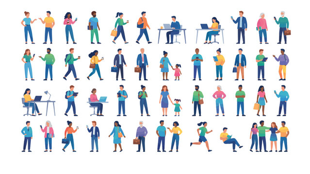 A Diverse Group of Different Human Characters Standing in Dynamic Poses for a Modern Flat Design Vector Vector Illustration