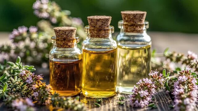 Essential oil bottles with fresh thyme and blooming flowers
