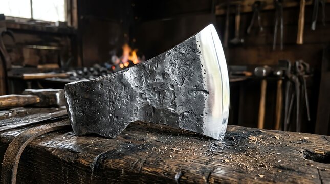 Close-up of a blacksmith's axe being forged on an anvil in a traditional workshop.