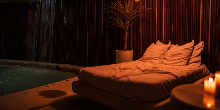 Comfortable linen daybed with pillows in a luxury indoor pool area with waterfall for spa resort promotion, wellness retreat advertising and travel blogs