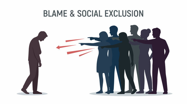 Social exclusion and blame concept vector, group of people pointing fingers at lonely man, bullying and public shaming illustration isolated PNG with Transparent Background