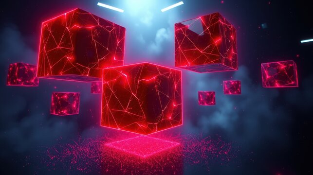Glowing red cubes float amid dark blue smoke. Neon lines create fractured patterns. Minimalist design evokes digital space.