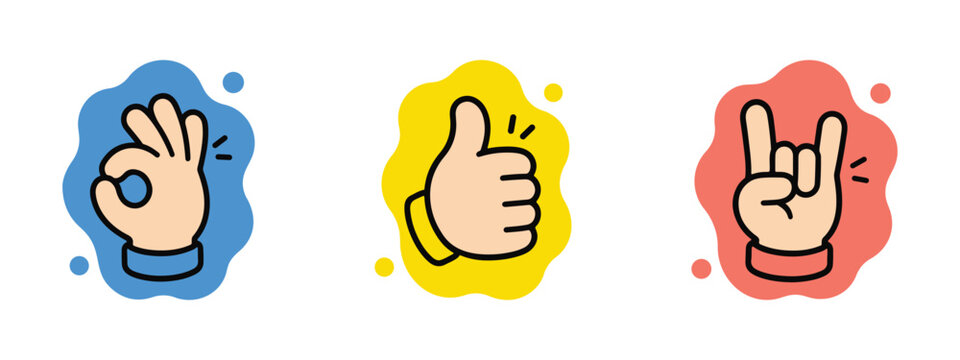 hand gesture icon ok sign thumbs up and rock symbol on color fluid shapes vector illustration