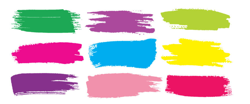 Nine colorful paint brush strokes in a grid pattern on a white background