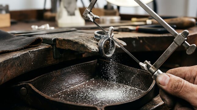 Close-up of a jeweler's workbench with tools and molten metal in a workshop setting.
