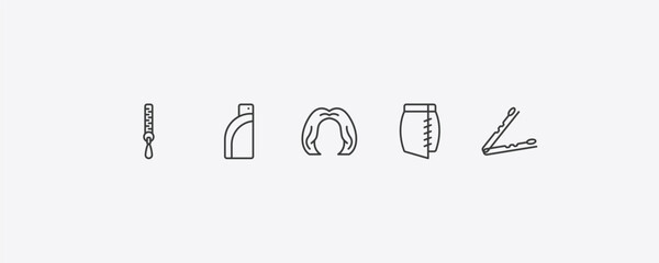 woman clothing outline icon set. thin line zip, pocket, skirt black short, hair clip tool icons. editable vector © Farahim
