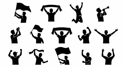 Obraz premium Sports fan silhouettes set, 14 cheering crowd icons with flags and scarves, football supporters celebrating victory, stadium audience vector collection isolated PNG with Transparent Background
