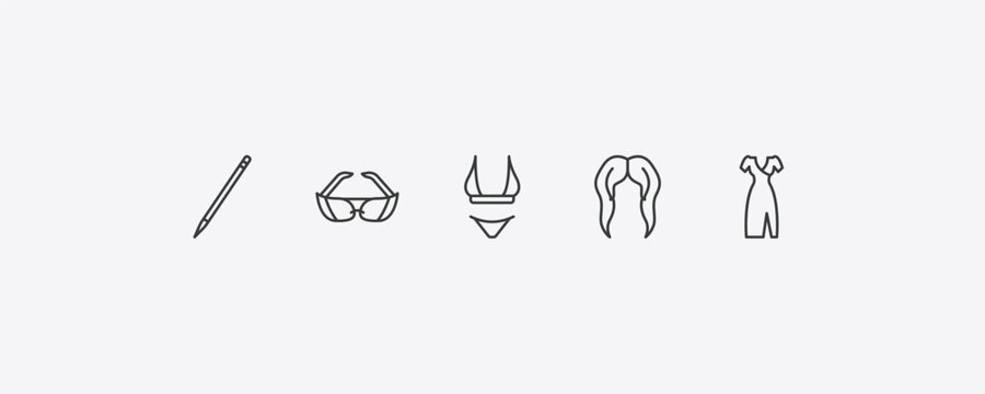 woman clothing outline icon set. thin line eyes makeup pencils, glasses for eyes, hair wig, clothes icons. editable vector