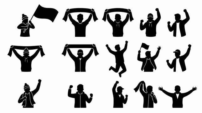 Sports fan silhouettes set, 15 cheering crowd vector icons, football supporters with flags and scarves, stadium audience celebrating victory isolated PNG with Transparent Background