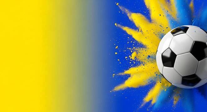 Soccer ball exploding with yellow blue powder sun.