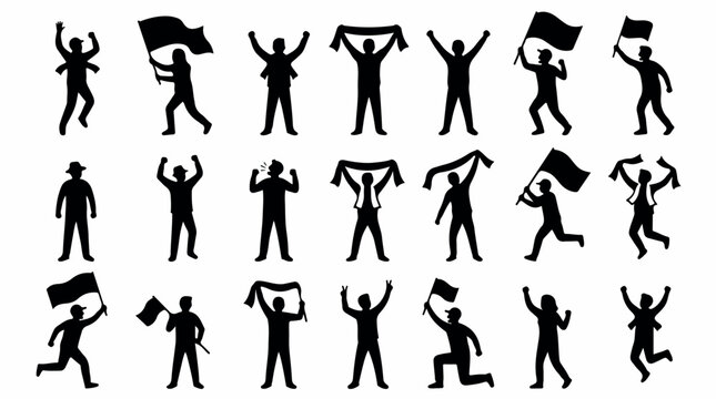 Sports fan silhouettes set, cheering crowd with flags and scarves vector, 21 football supporters celebrating victory, stadium audience icons isolated PNG with Transparent Background