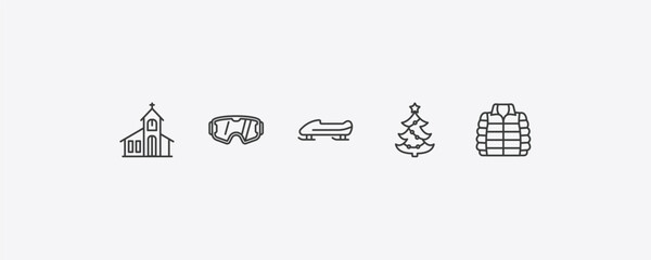 winter outline icon set. thin line chapel, snow goggle, christmas tree, anorak vest icons. editable vector © Farahim