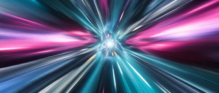 Generative AI, Abstract sci-fi hyperdrive wormhole tunnel with fast glowing neon light streaks loop