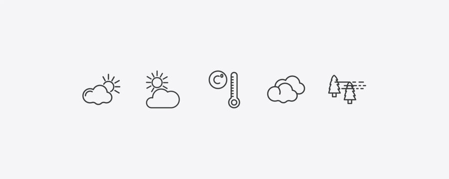 weather outline icon set. thin line daytime, clouds and sun, cumulus, patchy fog icons. editable vector