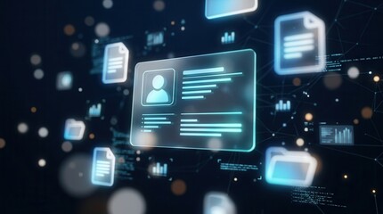 Fototapeta premium Futuristic digital profiles and document icons floating in a dark abstract space for data management.