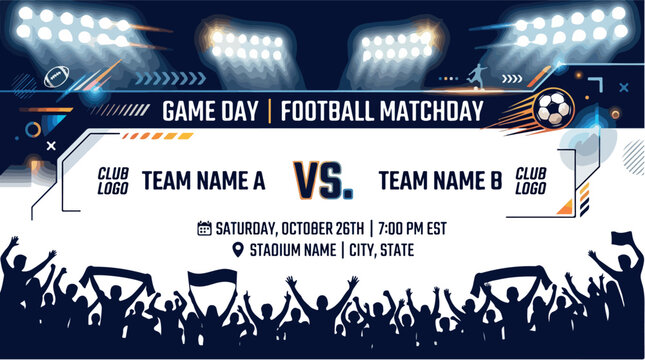 Football Matchday Game Day Banner Vector, Soccer Tournament Announcement with Stadium Lights, Sports Event Versus Template with Cheering Fans isolated PNG with Transparent Background