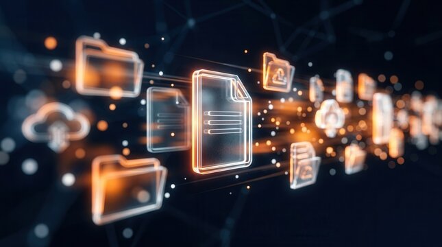 Digital files and folders moving through an abstract dark network space for data transfer.