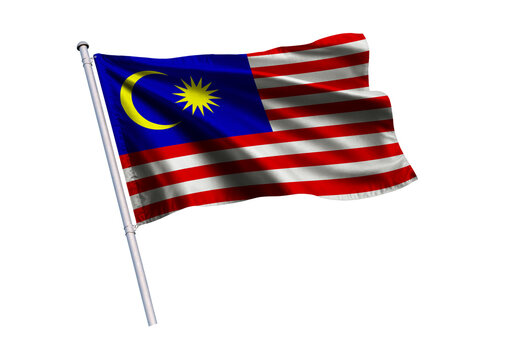 Waving flag of Malaysia on a flagpole, isolated on a white background, 3d rendering, 3d illustration.