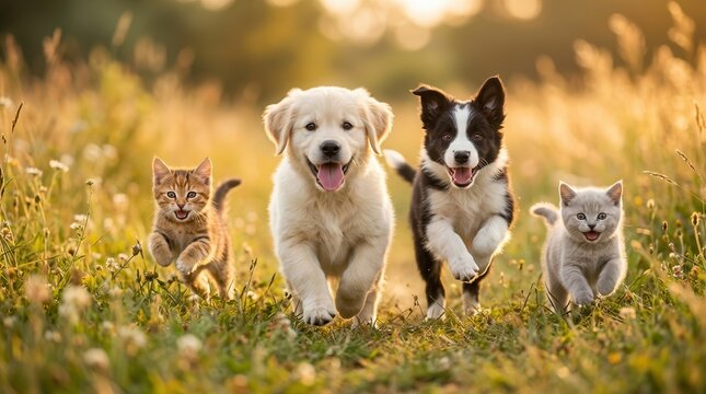 Happy pets including dogs and cats running together in a field.
