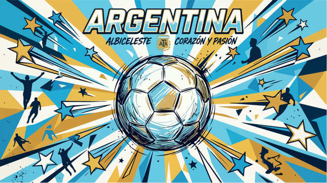 Argentina soccer vector illustration, Albiceleste football with stars and sunburst, comic style sports poster with Corazon y Pasion text isolated PNG with Transparent Background
