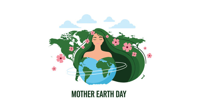 Mother Earth Day illustration featuring a personification of nature with green hair and flowers over a world map and globe.