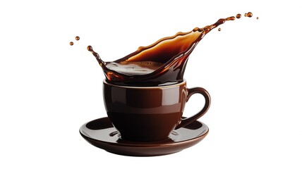 Fototapeta premium Dark brown ceramic coffee cup with wooden handle on white background ceramic mug