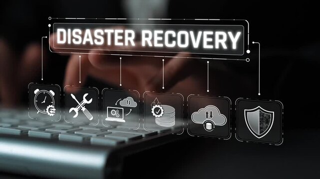 Hands Typing on Keyboard with Disaster Recovery Icons Illustrating Digital Data Protection and Backup Solutions for Business Continuity Planning Strategies Sigmoid