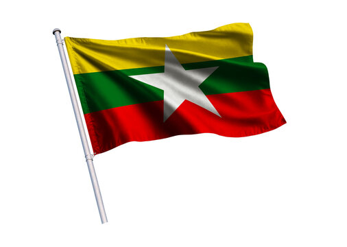 Waving flag of Myanmar on a flagpole, isolated on a white background, 3d rendering, 3d illustration.
