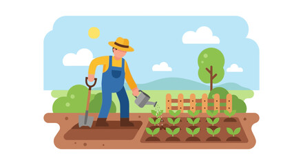 Fototapeta premium Farmer Planting Vegetables in Raised Garden Beds Outdoors