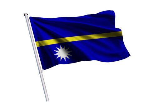 Waving flag of Nauru on a flagpole, isolated on a white background, 3d rendering, 3d illustration.