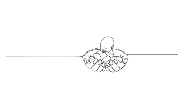 Human hands holding premature newborn baby single line art drawing,Baby embryo in hand holding one line drawing. Healthy pregnancy and premature symbol.