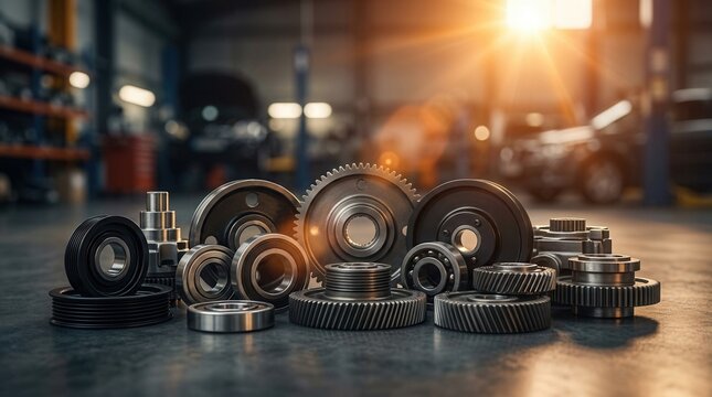 Various car spare parts lie on a garage floor with an auto repair shop background.