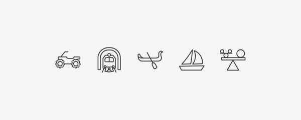 transport outline icon set. thin line quad bike, train in a tunnel, sailing boat with veils, stability icons. editable vector © Farahim