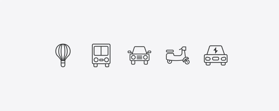 transportation outline icon set. thin line hot air balloon, public transport, scooter bike, electro car icons. editable vector