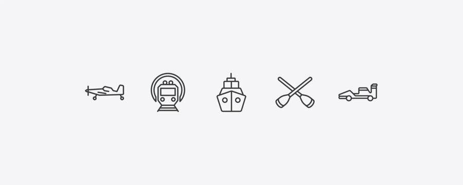 transport outline icon set. thin line crop duster, , rowing, formula 1 icons. editable vector