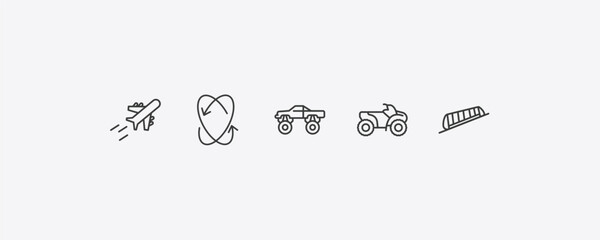 transportation outline icon set. thin line flying airplane, movement, all terrain vehicle, funicular railway icons. editable vector © Farahim