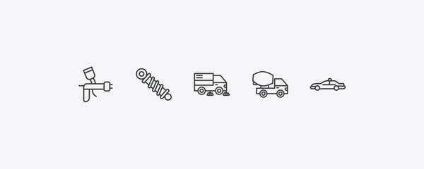 transportation outline icon set. thin line car painting, shock breaker, cement truck, patrol car icons. editable vector © Farahim