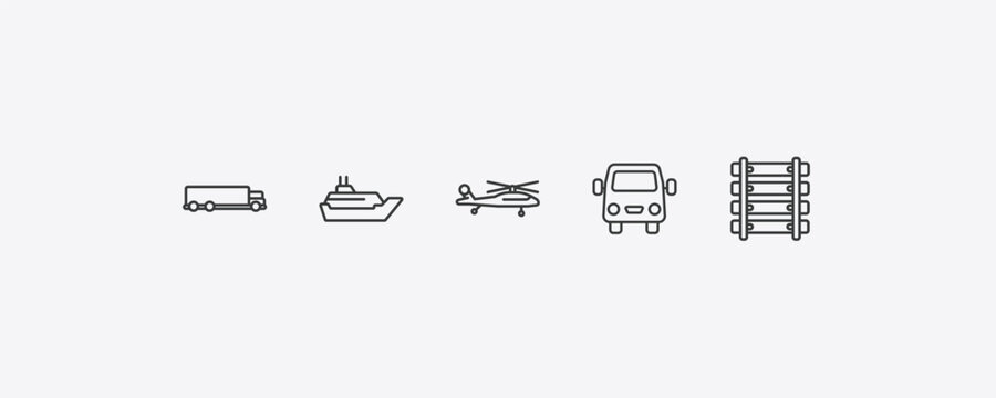 transportation outline icon set. thin line truck, cruiser, van front view, railway line icons. editable vector