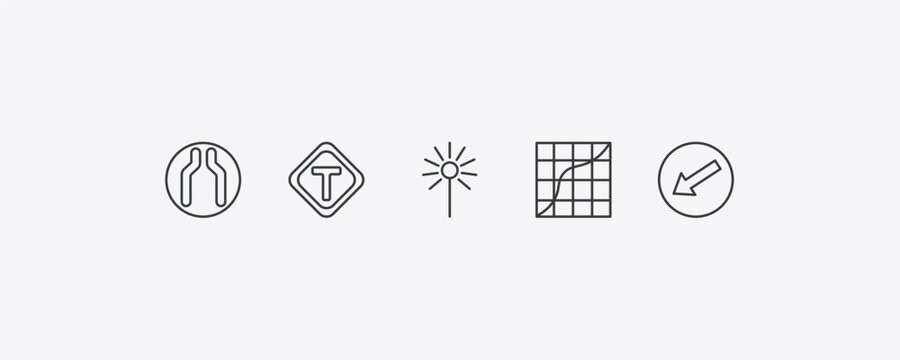 traffic signs outline icon set. thin line narrow road, t junction, curves, keep left icons. editable vector