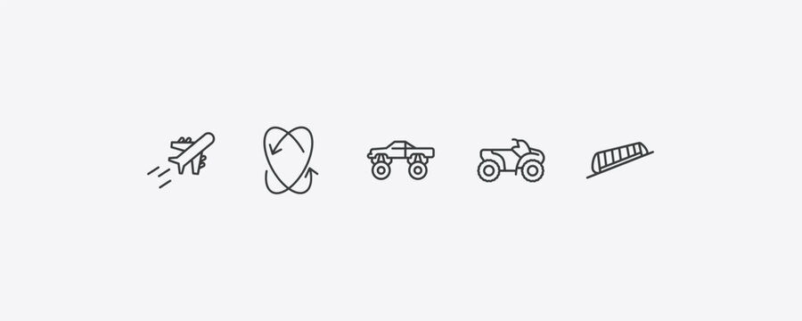 transportation outline icon set. thin line flying airplane, movement, all terrain vehicle, funicular railway icons. editable vector